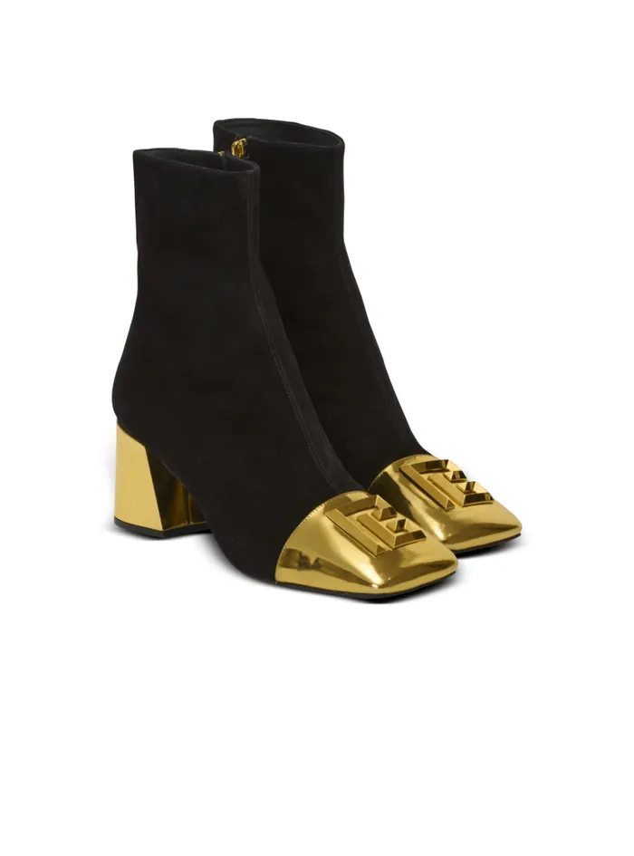 Balmain Boots Women Edna Ankle Boots In Suede And Mirrored Leather Black