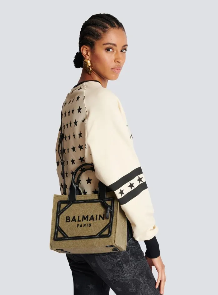 Balmain Crossbody Bags Women BArmy Small Canvas Shopping Bag With Leather Inserts Khaki