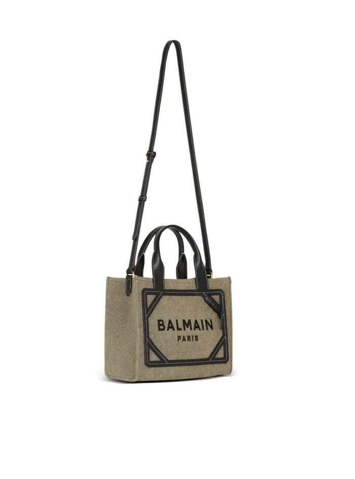 Balmain Crossbody Bags Women BArmy Small Canvas Shopping Bag With Leather Inserts Khaki