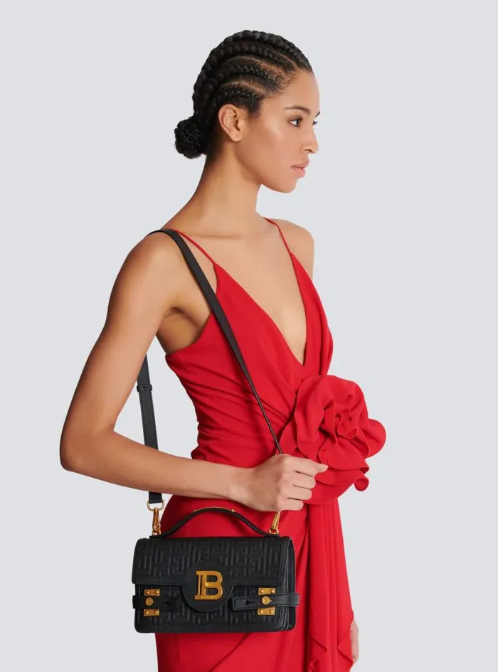 Balmain Crossbody Bags Women BBuzz 24 Grained Monogram Leather Shoulder Bag Black