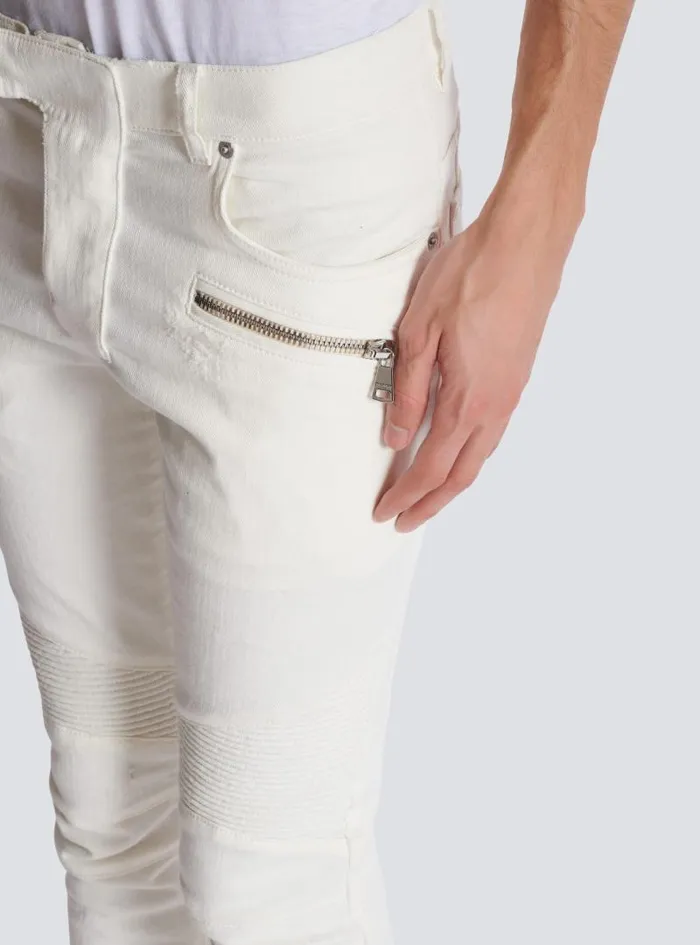Balmain Denim Men Biker Jeans In White Denim White