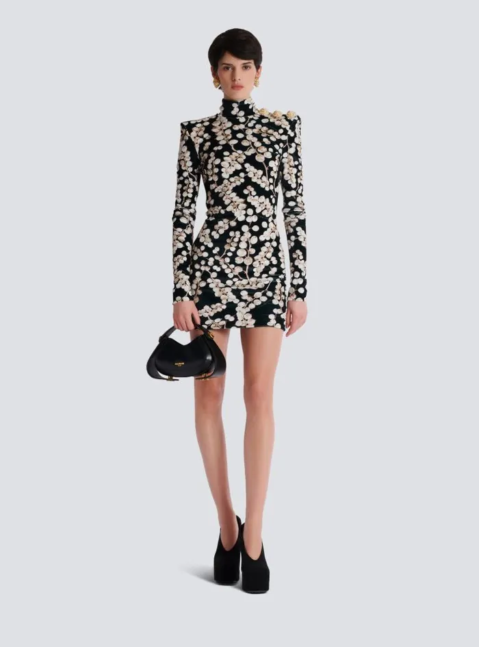 Balmain Dresses Women Backless Velvet Dress With Redcurrant Print Black