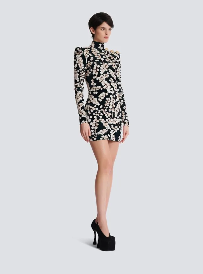 Balmain Dresses Women Backless Velvet Dress With Redcurrant Print Black