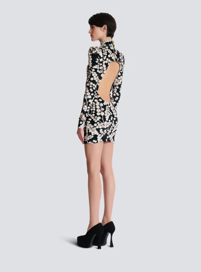 Balmain Dresses Women Backless Velvet Dress With Redcurrant Print Black