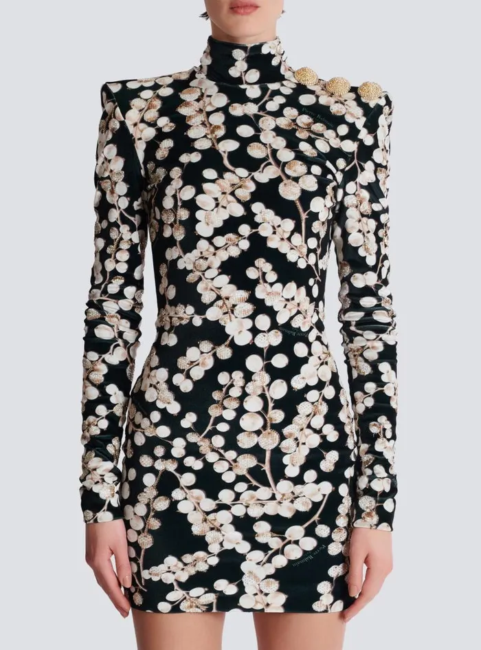 Balmain Dresses Women Backless Velvet Dress With Redcurrant Print Black