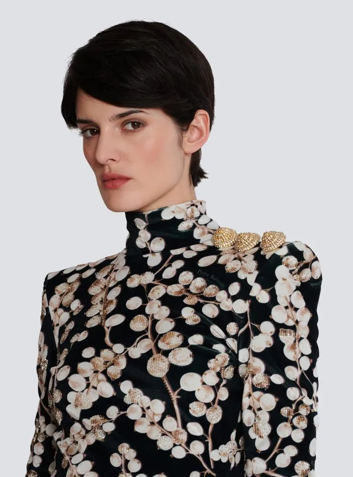 Balmain Dresses Women Backless Velvet Dress With Redcurrant Print Black