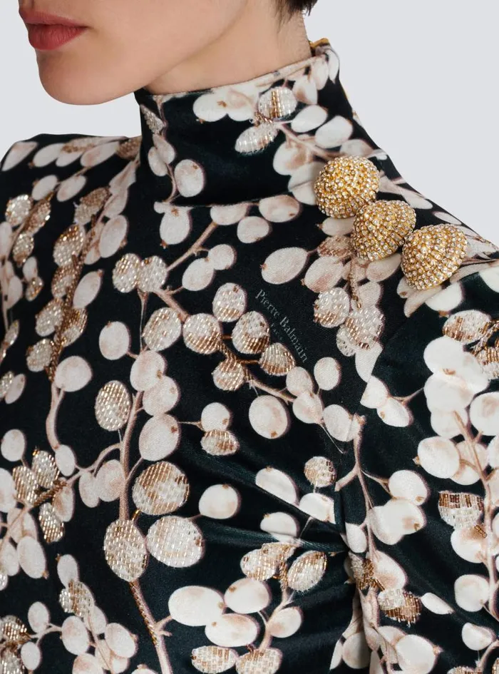 Balmain Dresses Women Backless Velvet Dress With Redcurrant Print Black