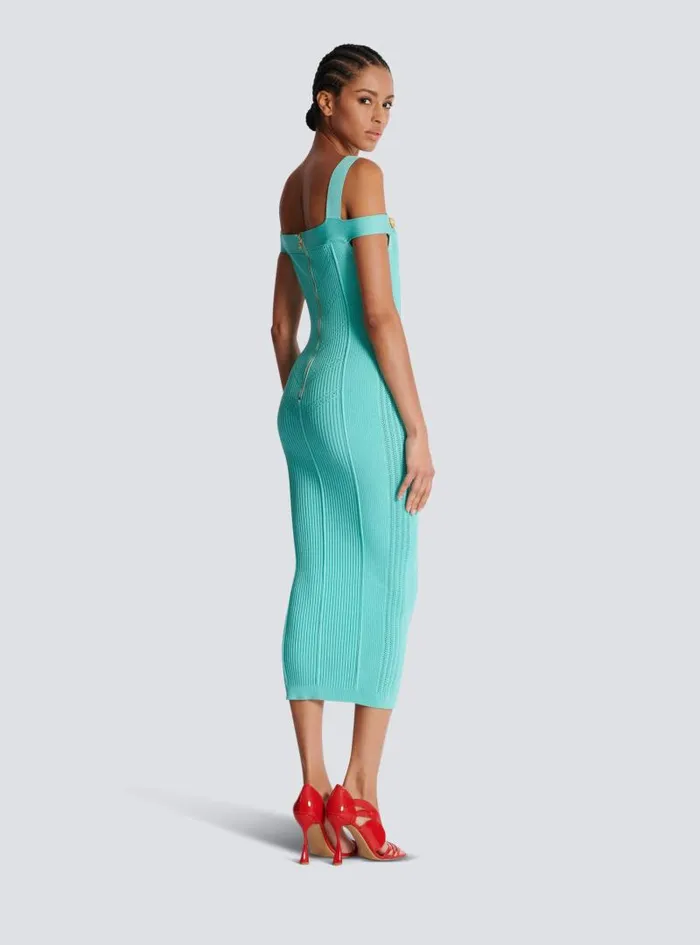 Balmain Dresses Women Knit Midi Dress With Double Straps Blue