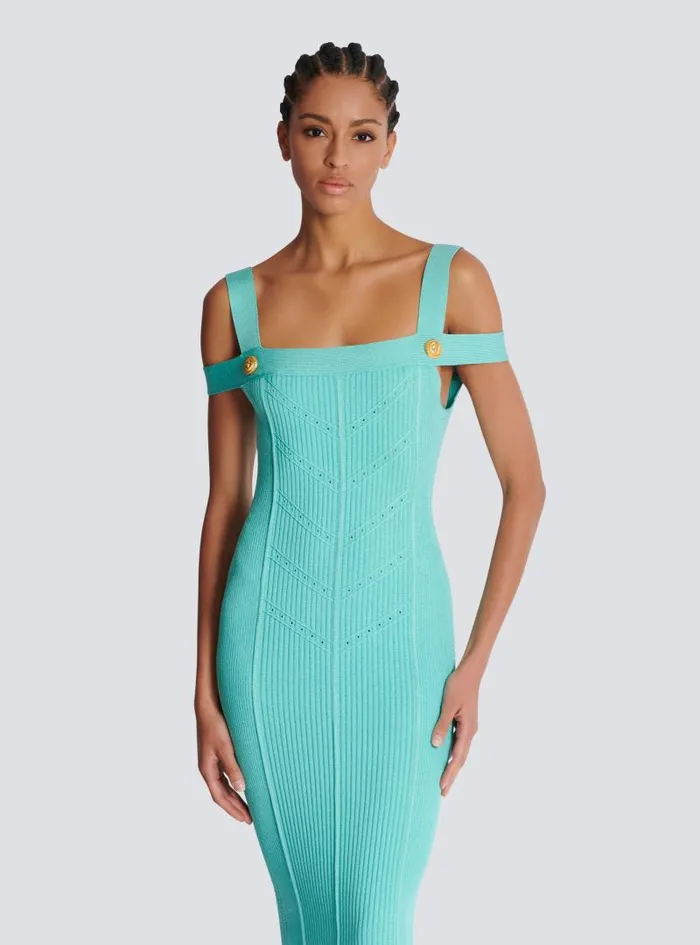 Balmain Dresses Women Knit Midi Dress With Double Straps Blue