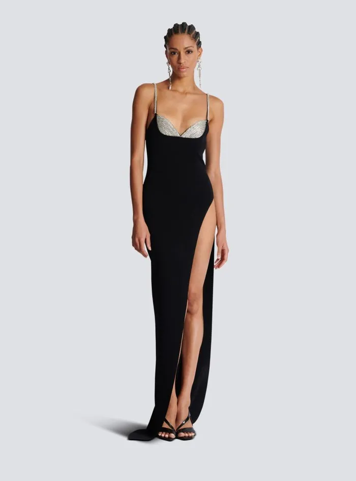 Balmain Dresses Women Long Embroidered Knit Dress With Leg Slit Black