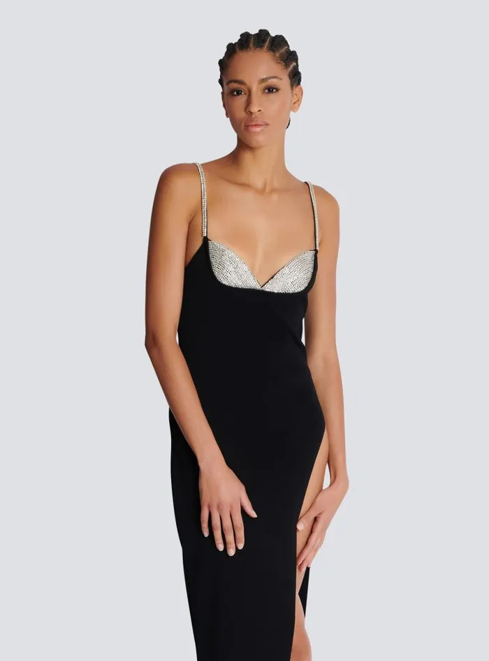 Balmain Dresses Women Long Embroidered Knit Dress With Leg Slit Black