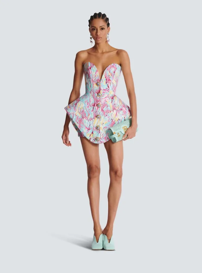 Balmain Dresses Women Peplum Bustier Dress With Feather Print Multicolor