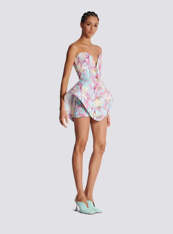 Balmain Dresses Women Peplum Bustier Dress With Feather Print Multicolor
