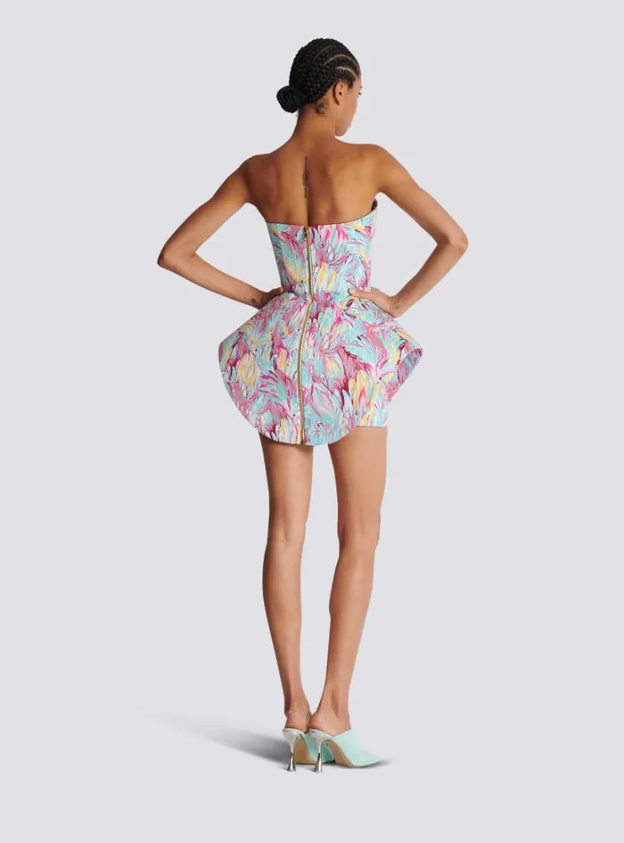 Balmain Dresses Women Peplum Bustier Dress With Feather Print Multicolor