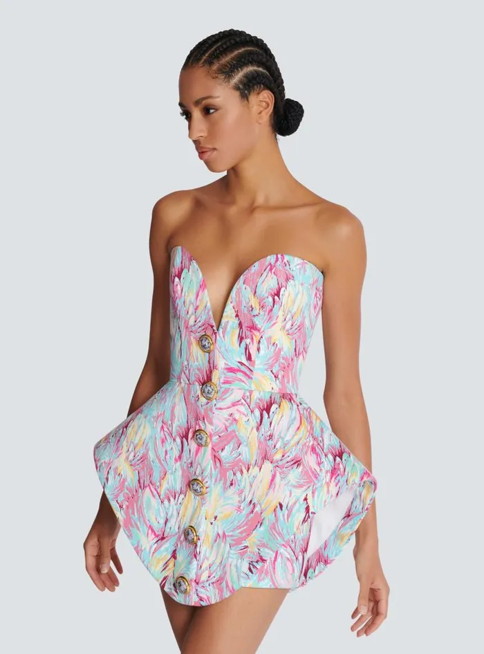 Balmain Dresses Women Peplum Bustier Dress With Feather Print Multicolor