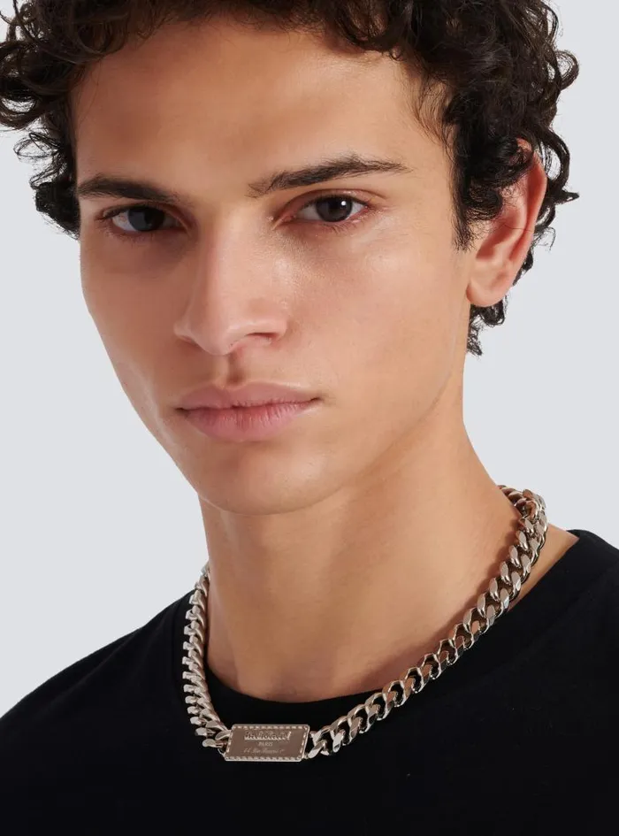 Balmain Fashion Jewelry Men Signature Tubular Brass Necklace Silver