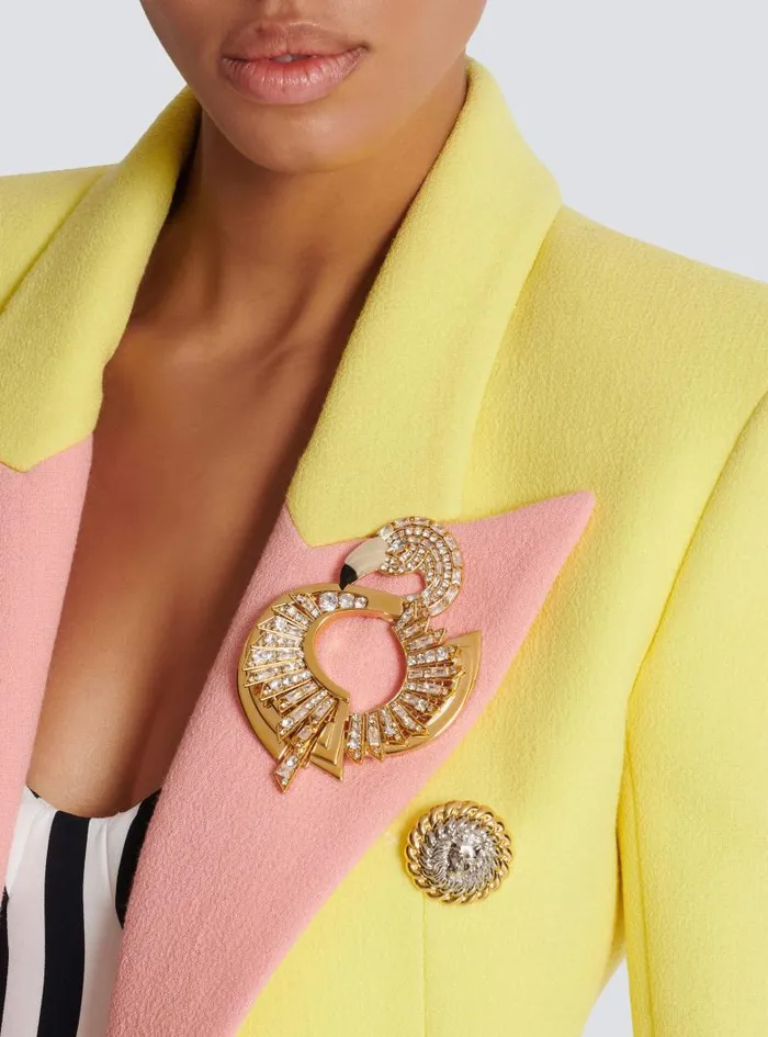 Balmain Fashion Jewelry Women Brass And Crystal Flamingo Brooch Gold