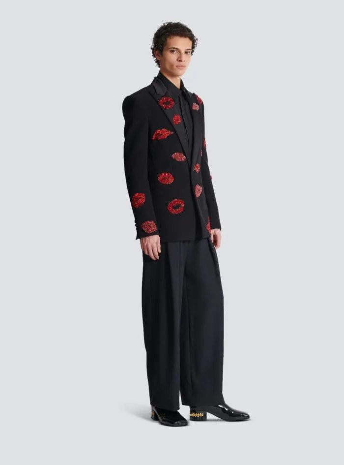 Balmain Jackets And Blazers Men Crepe 1button Jacket With Kiss Embroidery Black