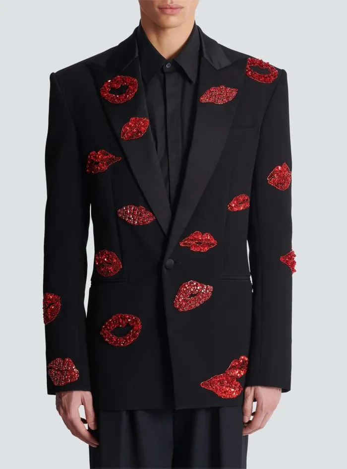 Balmain Jackets And Blazers Men Crepe 1button Jacket With Kiss Embroidery Black