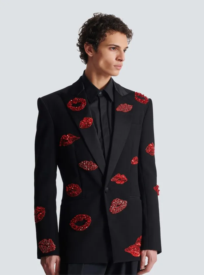 Balmain Jackets And Blazers Men Crepe 1button Jacket With Kiss Embroidery Black
