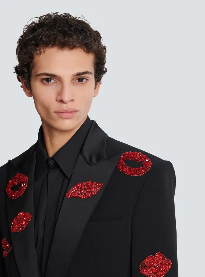 Balmain Jackets And Blazers Men Crepe 1button Jacket With Kiss Embroidery Black