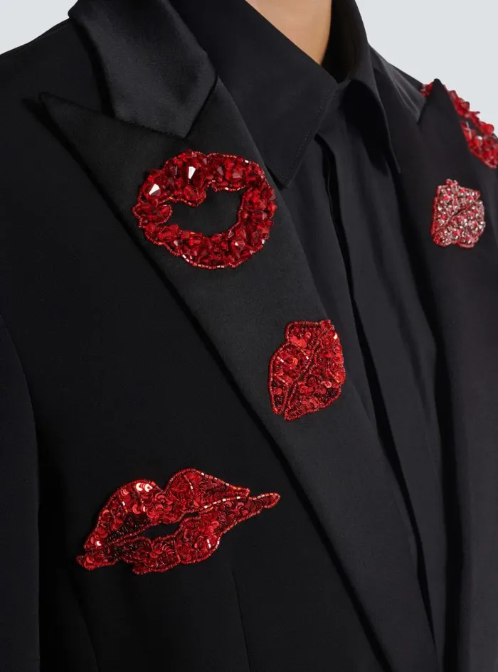 Balmain Jackets And Blazers Men Crepe 1button Jacket With Kiss Embroidery Black