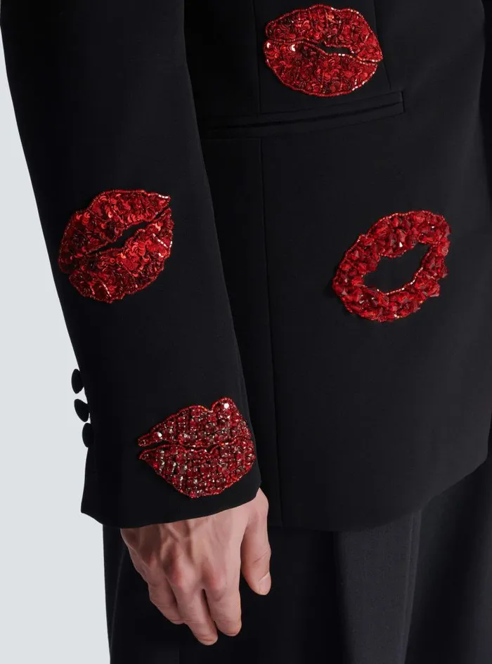 Balmain Jackets And Blazers Men Crepe 1button Jacket With Kiss Embroidery Black