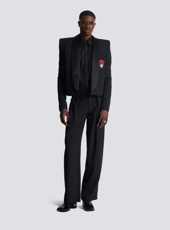 Balmain Jackets And Blazers Men Cropped Grain De Poudre Jacket With Embroidered Patch Black Balmain Jackets And Blazers Men Cropped Grain De Poudre Jacket With Embroidered Patch Black