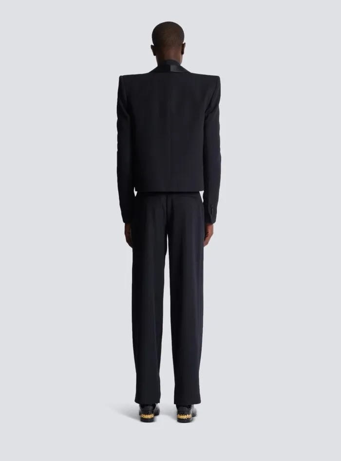 Balmain Jackets And Blazers Men Cropped Grain De Poudre Jacket With Embroidered Patch Black