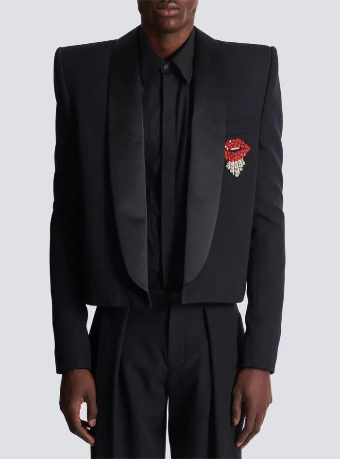 Balmain Jackets And Blazers Men Cropped Grain De Poudre Jacket With Embroidered Patch Black
