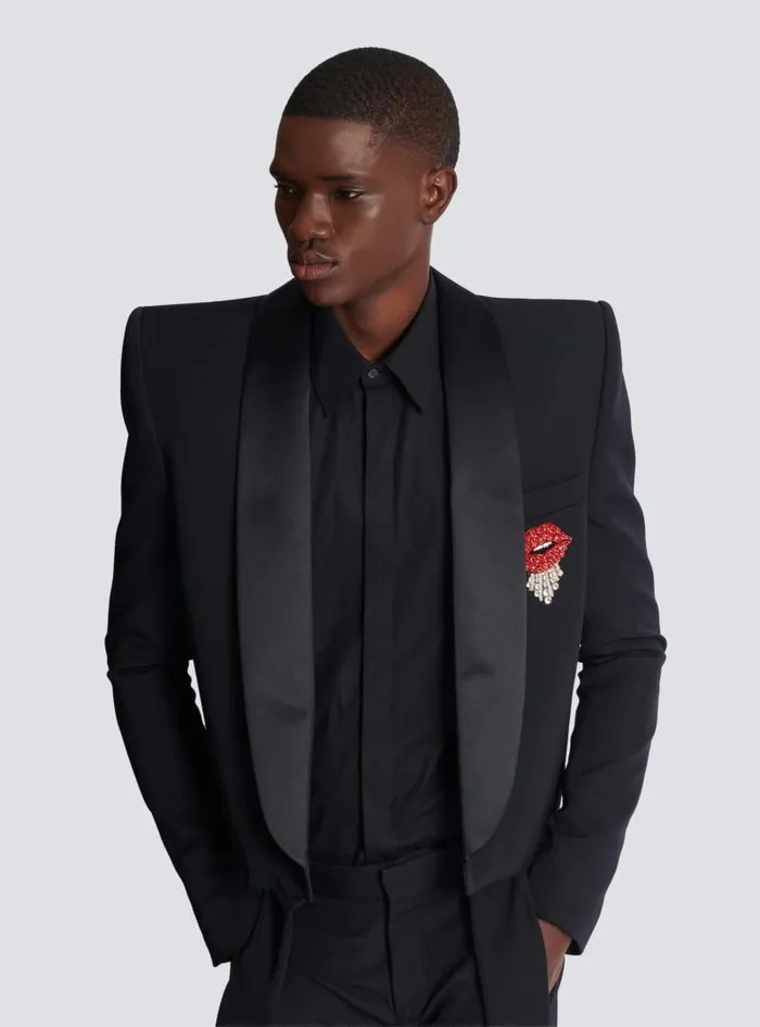 Balmain Jackets And Blazers Men Cropped Grain De Poudre Jacket With Embroidered Patch Black