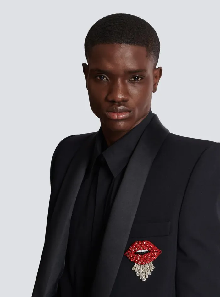 Balmain Jackets And Blazers Men Cropped Grain De Poudre Jacket With Embroidered Patch Black