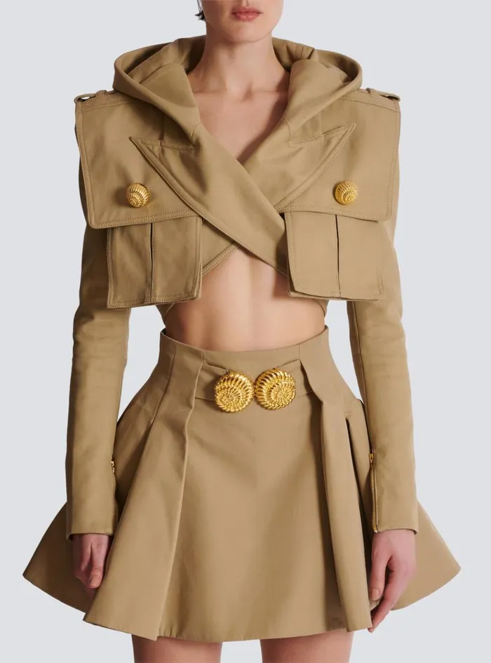 Balmain Jackets And Blazers Women Cotton Cropped Hooded Jacket Beige