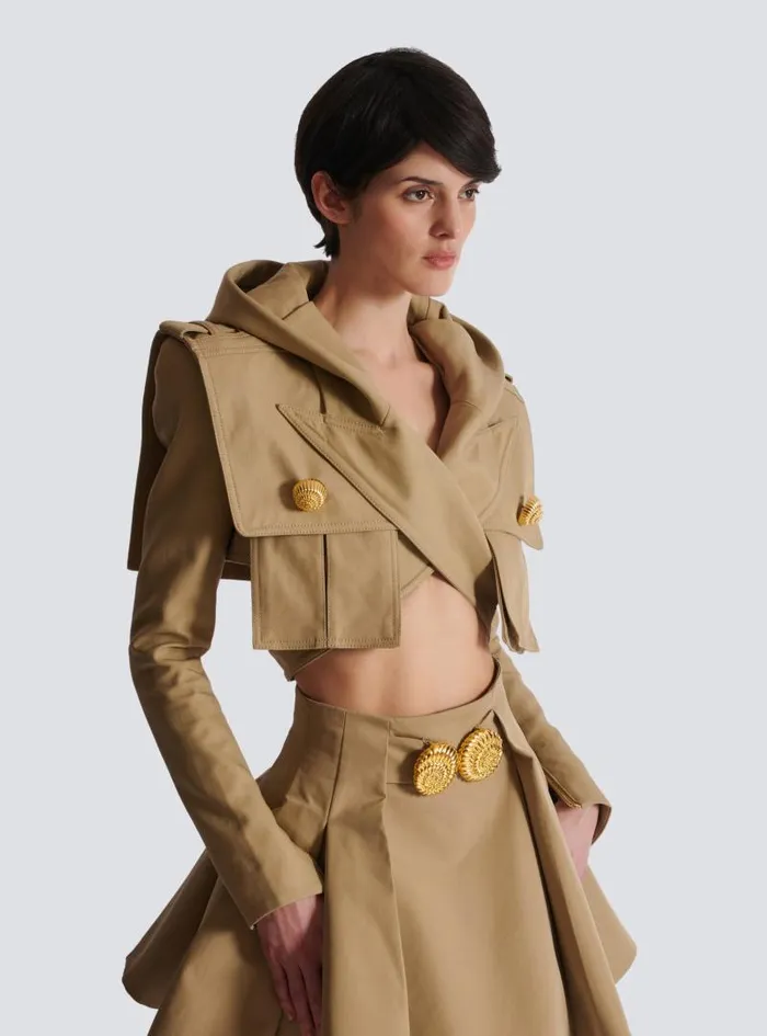 Balmain Jackets And Blazers Women Cotton Cropped Hooded Jacket Beige