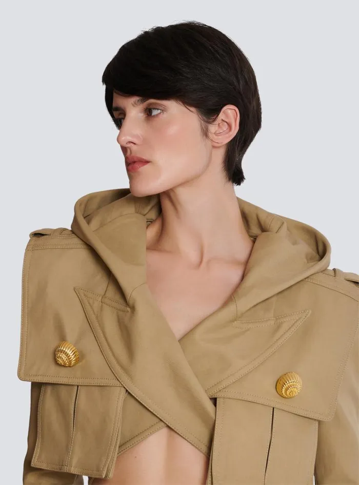 Balmain Jackets And Blazers Women Cotton Cropped Hooded Jacket Beige