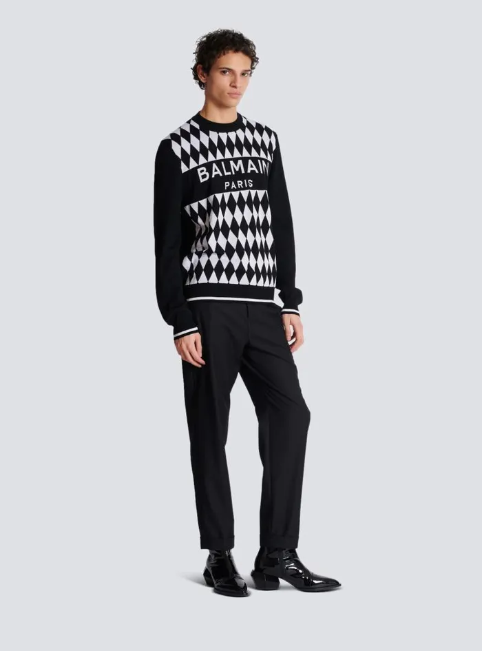 Balmain Knitwear Men Diamond Paris Twotone Jacquard Jumper Black