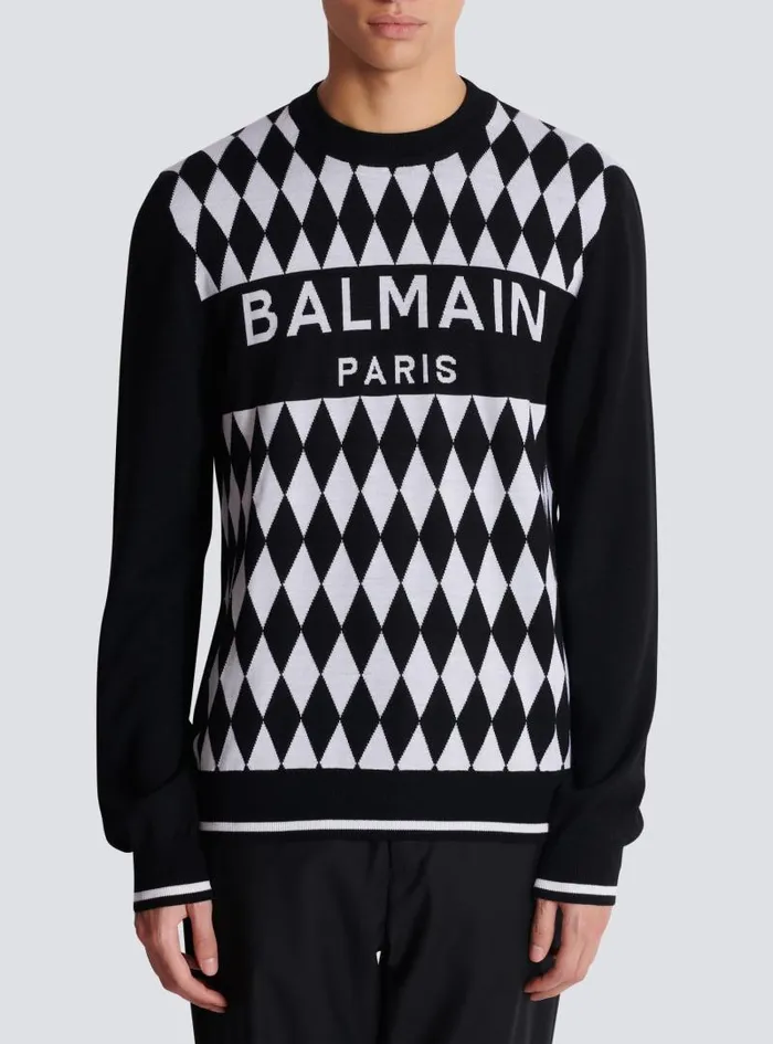 Balmain Knitwear Men Diamond Paris Twotone Jacquard Jumper Black