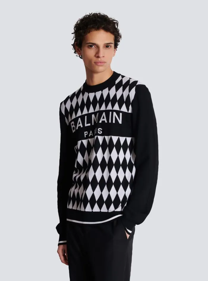 Balmain Knitwear Men Diamond Paris Twotone Jacquard Jumper Black