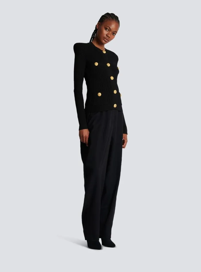 Balmain Knitwear Women Cropped Ecodesigned Knit Cardigan With Goldtone Buttons Black