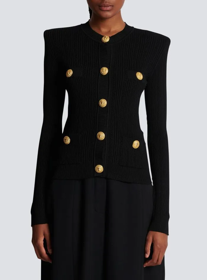 Balmain Knitwear Women Cropped Ecodesigned Knit Cardigan With Goldtone Buttons Black