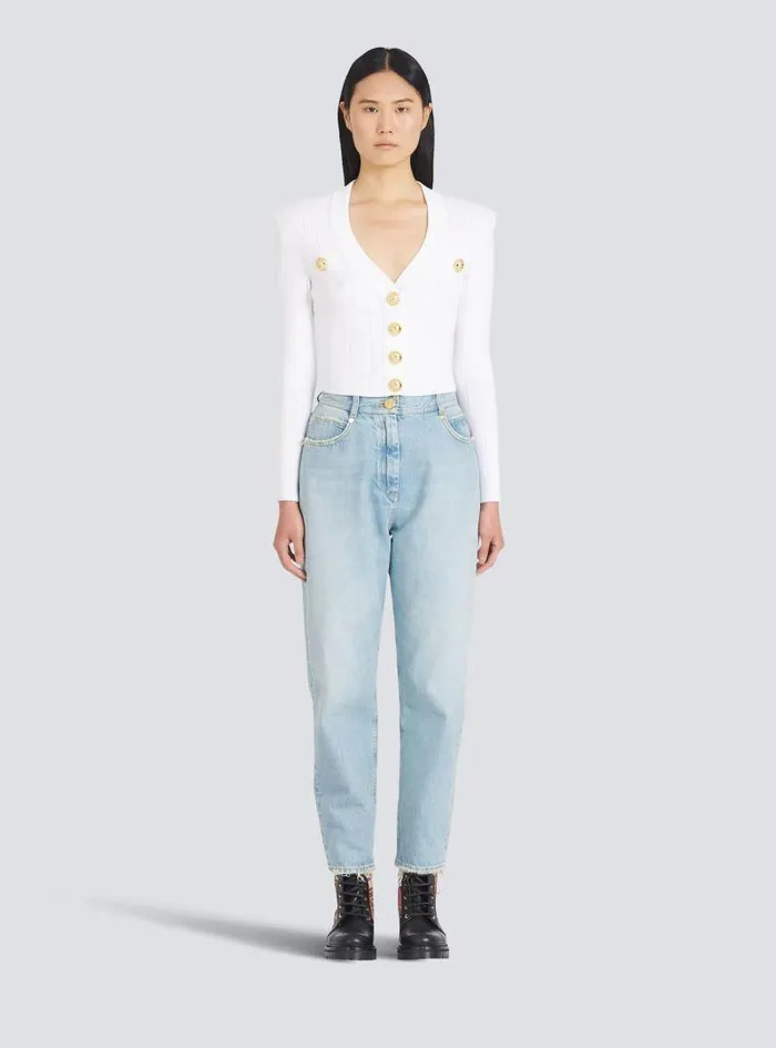 Balmain Knitwear Women Cropped Ecodesigned Knit Cardigan With Goldtone Buttons White