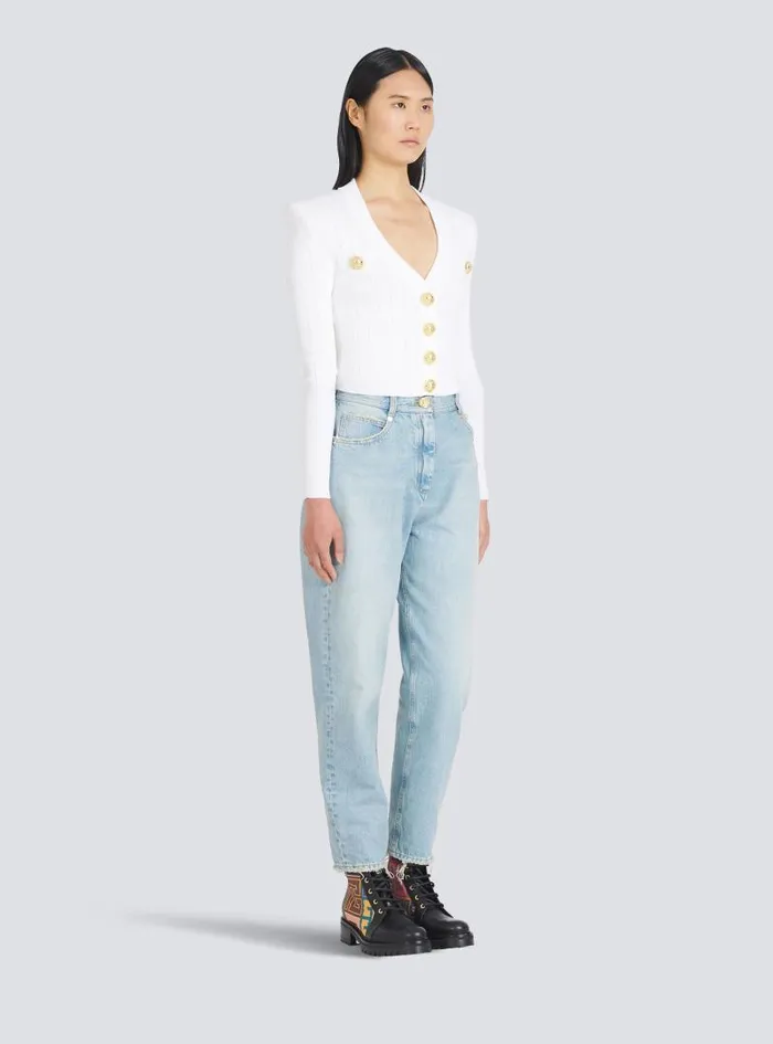 Balmain Knitwear Women Cropped Ecodesigned Knit Cardigan With Goldtone Buttons White