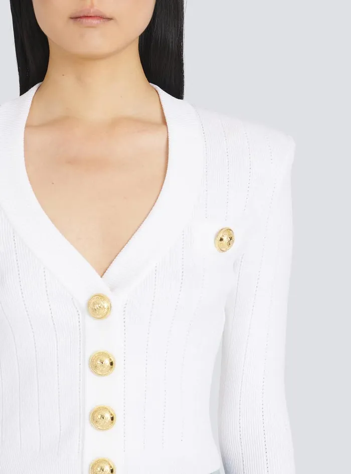 Balmain Knitwear Women Cropped Ecodesigned Knit Cardigan With Goldtone Buttons White