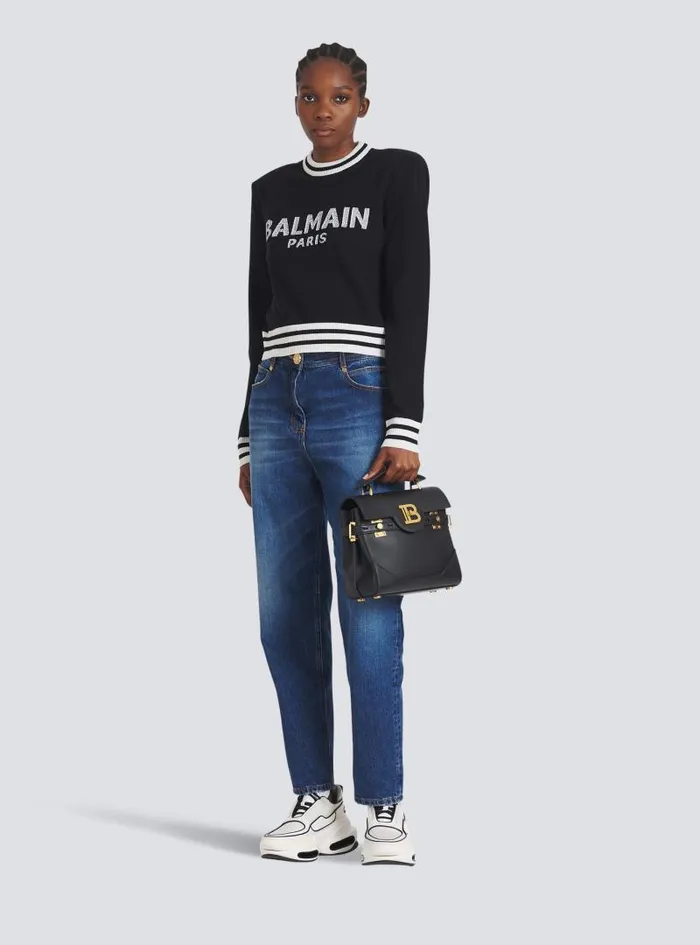 Balmain Knitwear Women Cropped Wool Sweatshirt With Logo Black