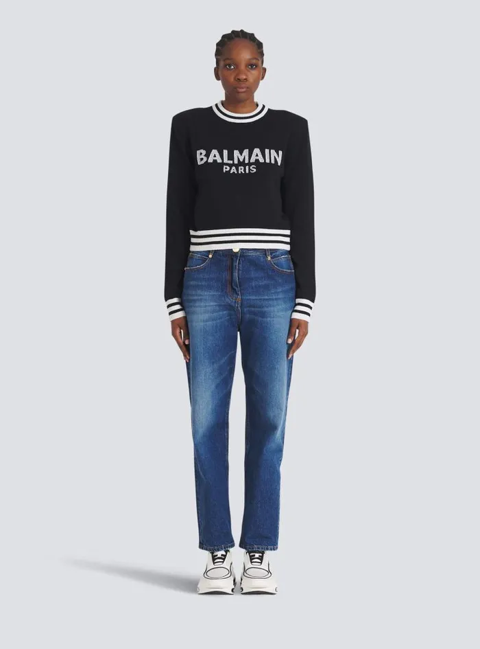 Balmain Knitwear Women Cropped Wool Sweatshirt With Logo Black