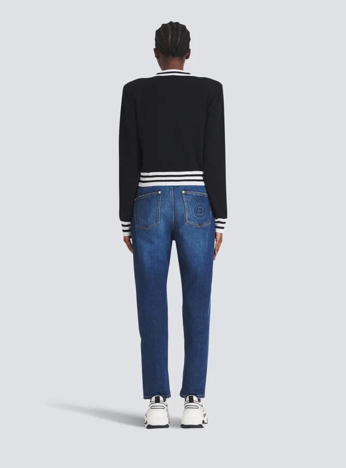 Balmain Knitwear Women Cropped Wool Sweatshirt With Logo Black