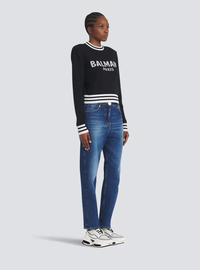Balmain Knitwear Women Cropped Wool Sweatshirt With Logo Black