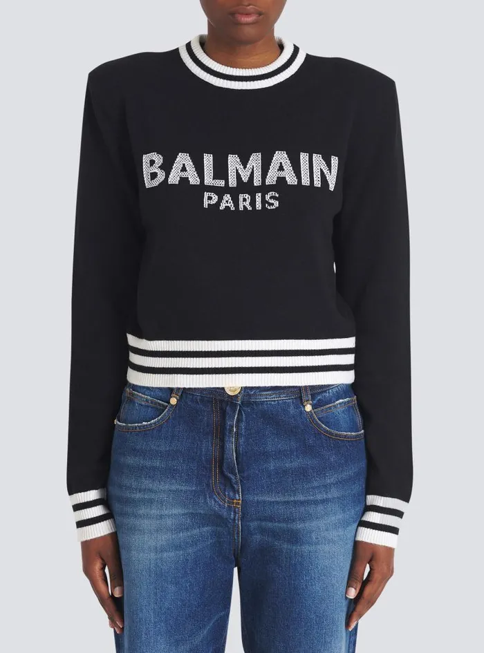Balmain Knitwear Women Cropped Wool Sweatshirt With Logo Black