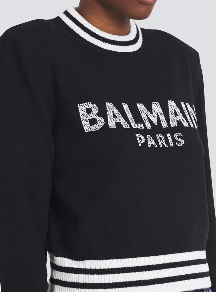 Balmain Knitwear Women Cropped Wool Sweatshirt With Logo Black