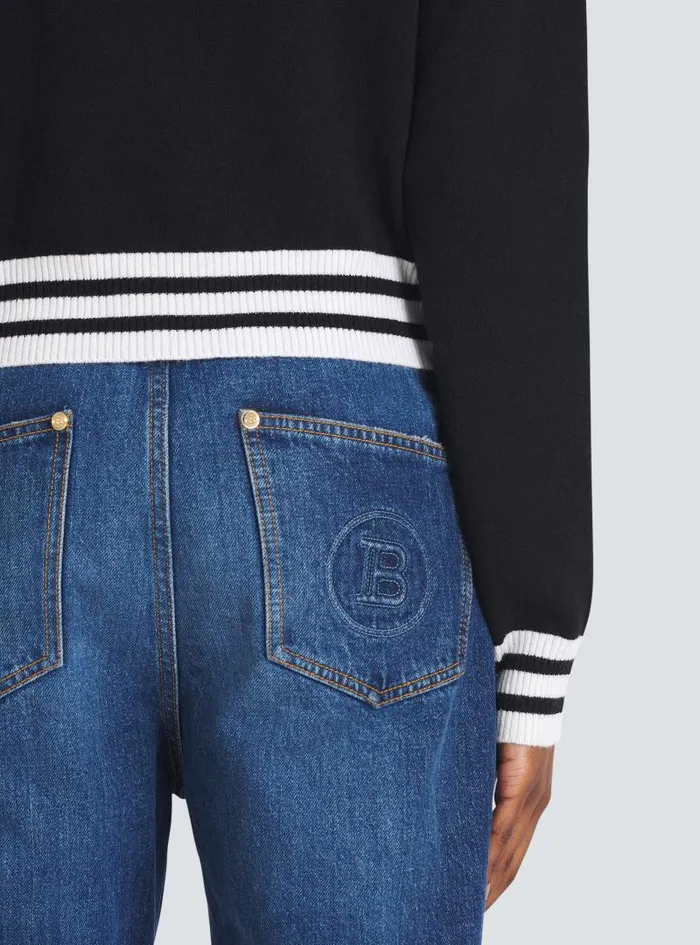 Balmain Knitwear Women Cropped Wool Sweatshirt With Logo Black